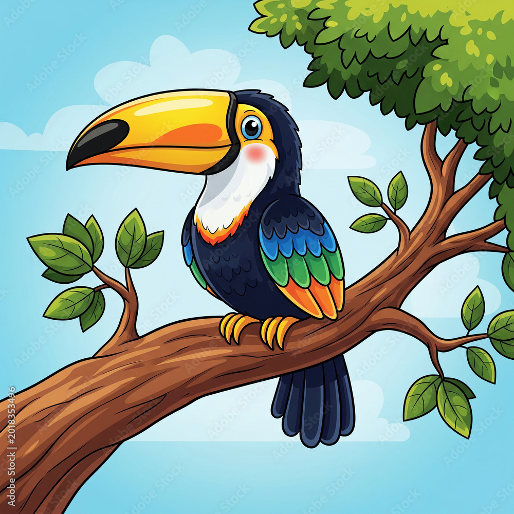Fototapeta premium Cute Colorful Toucan Bird Cartoon Sitting on Tree Branch Vector Illustration
