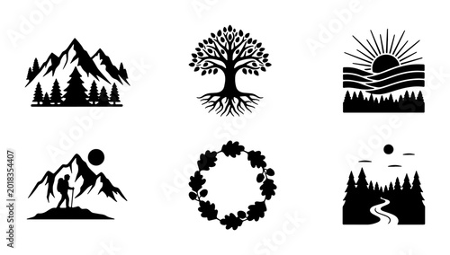 Fotografi Nature Landscape Vector Icons Set: Mountains, Forest, Tree of Life, Sun, Winding