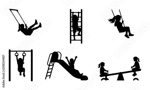 Foto Children's Playground Silhouettes: Swings, Slide, See-Saw, Climbing Wall, Monkey