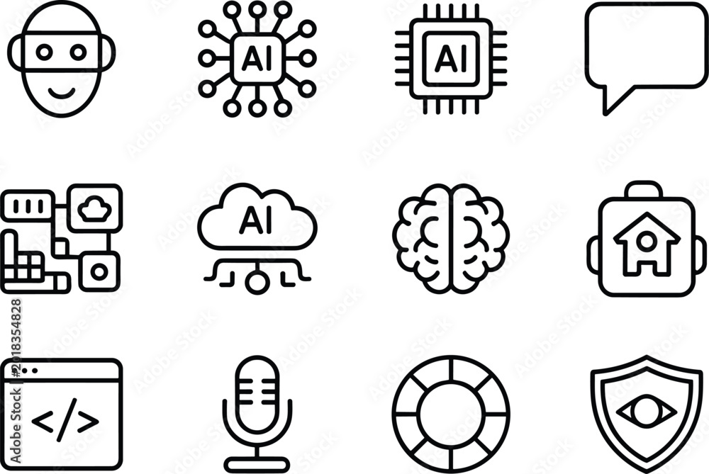 Fototapeta premium Artificial Intelligence and Smart Technology Line Icon Set with Robot Cloud Security and Coding Symbols