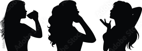 Photos Elegant woman silhouette collection featuring feminine profiles drinking coffee, talking on phone, blowing a kiss, and posing with long wavy hair