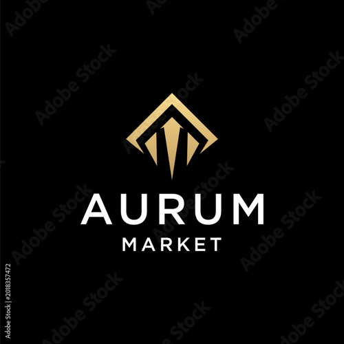 Canvas Print Aurum Market logo design features a geometric golden pyramid shape centered above bold typography on a stark black background to convey a sense of financial stability and professional excellence