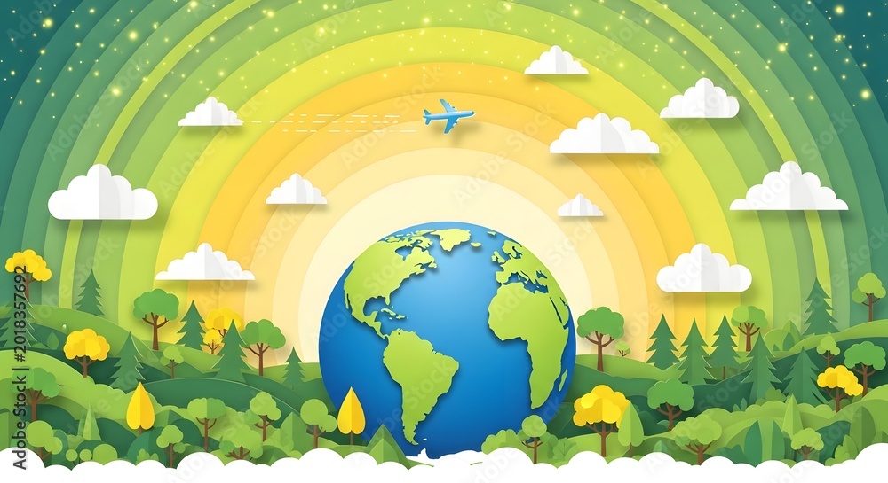 Fototapeta premium Earth with rainbow and airplane flying over green landscape with trees and clouds