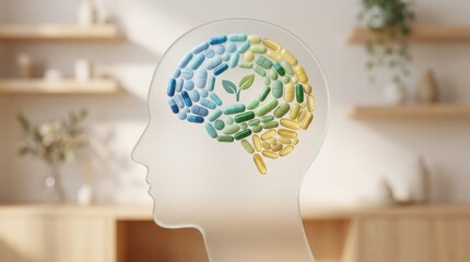 Silhouette of head with creatively arranged pills and supplements, health concept with mental wellness symbolism, medical design and pharmaceutical organization in a clean conceptual composition, soft