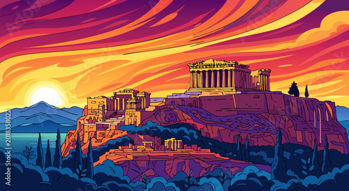 Obraz na plátně Vibrant vector illustration of Acropolis at sunset, ancient Greek architecture a