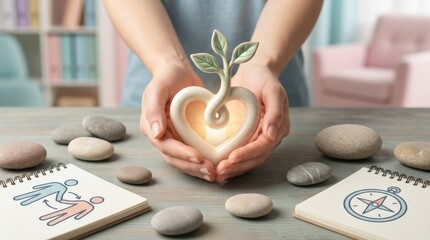 Mental health support illustration concept, empathetic wellbeing visual with care, connection, resilience and emotional healing for therapy, psychology and wellness themes in a clean modern