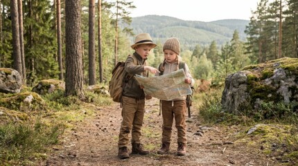 Little boy and girl hiking in nature while looking at a map, family adventure, outdoor navigation, exploration and active childhood travel concept, refined editorial style soft natural light,