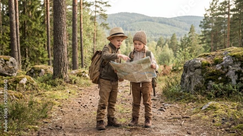 Little boy and girl hiking in nature while looking at a map, family adventure, outdoor navigation, exploration and active childhood travel concept, refined editorial style soft natural light,