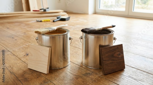 Two open cans with light and dark wood coatings on a wooden floor, renovation choice concept showing finish comparison for home improvement and interior design branding, clean practical composition,