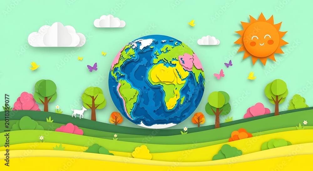 Naklejka premium Colorful flat design illustration of earth with sun, clouds, and butterflies in nature landscape