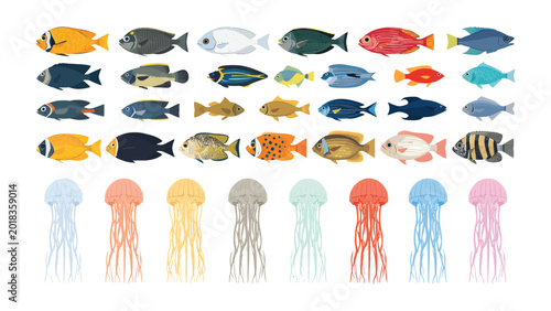 Aquatic Diversity: A vibrant collection of colorful fish and translucent jellyfish, showcasing the beauty and variety of marine life.