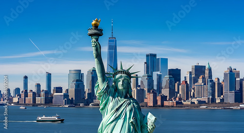 The iconic Statue of Liberty stands proudly in the foreground with the New York City skyline and One World Trade Center in the background under a clear blue sky.