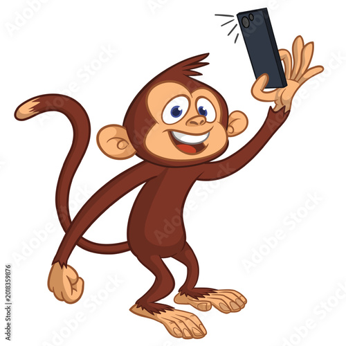 Canvas Print Cartoon funny monkey chimpanzee making selfie with the smartphone
