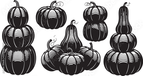 Black and white illustration of stacked pumpkins