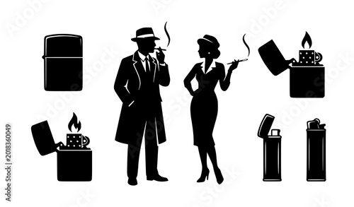 Foto Vintage smoking man and woman silhouette set with retro lighter icons vector ill