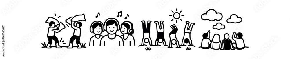 Fototapeta premium Children leisure icon set. pillow fight, singing friends, handstands, sitting and watching sky, picnic relaxation. line vector icon set.