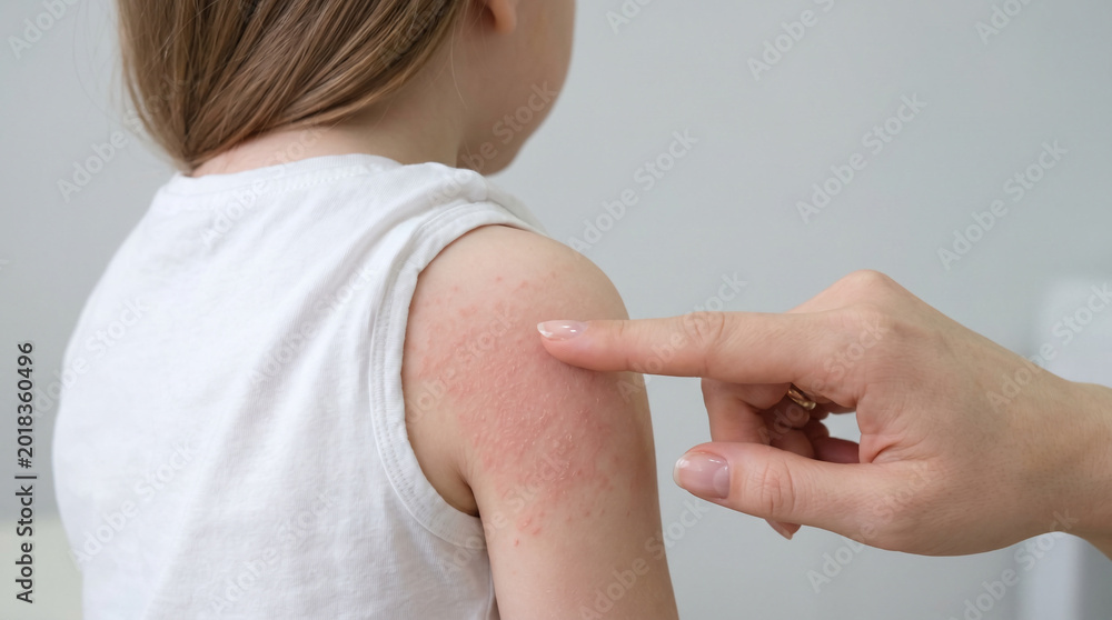 Fototapeta premium Concern about skin rash on child in a clinic setting during a doctor's visit for examination and advice