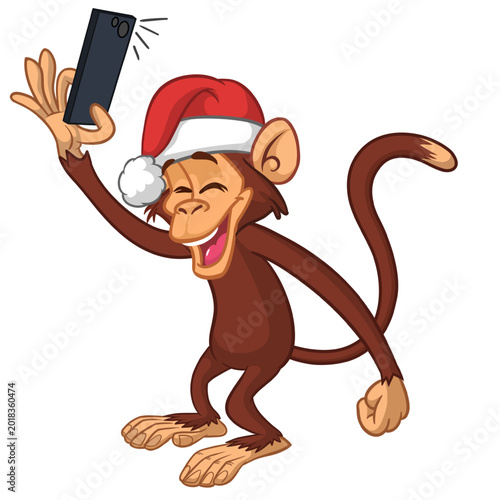 Photography Cartoon funny monkey chimpanzee making selfie with the smartphone in Santa Hat