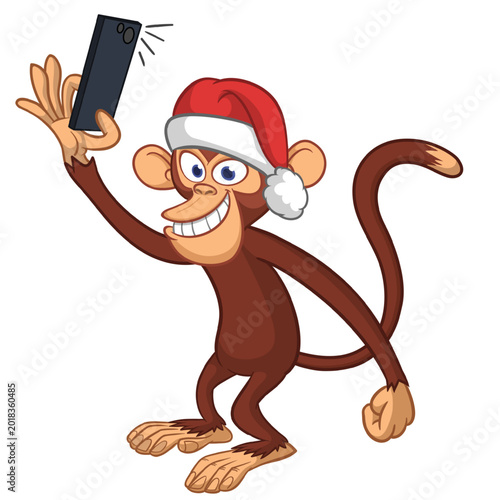 Photography Cartoon funny monkey chimpanzee making selfie with the smartphone in Santa Hat