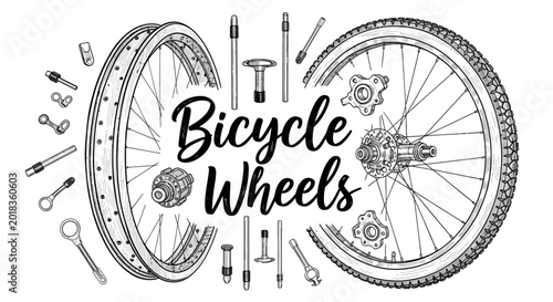 An artistic illustration of bicycle wheels and parts, with the words 'Bicycle Wheels' prominently displayed