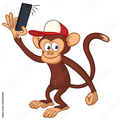 Canvas Print Cartoon funny monkey chimpanzee making selfie with the smartphone