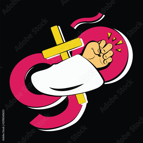 Christian Faith Illustration with Cross and Raised Fist Symbol Logo