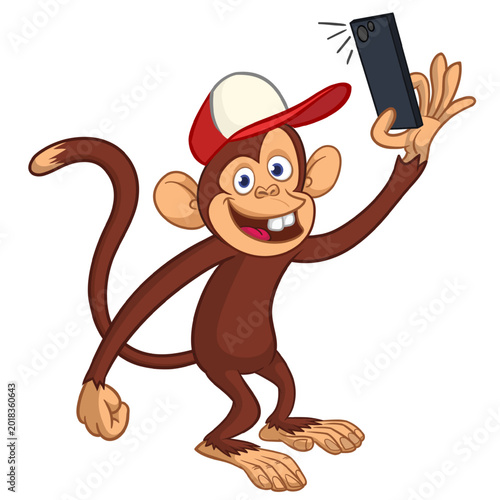 Photography Cartoon funny monkey chimpanzee making selfie with the smartphone