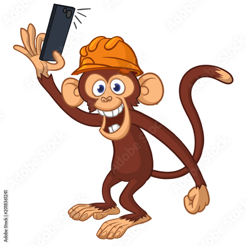 Photography Cartoon funny monkey chimpanzee making selfie with the smartphone wearing helmet