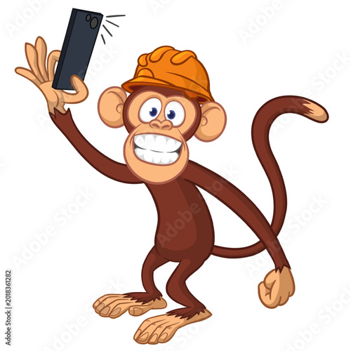 Photography Cartoon funny monkey chimpanzee making selfie with the smartphone wearing helmet