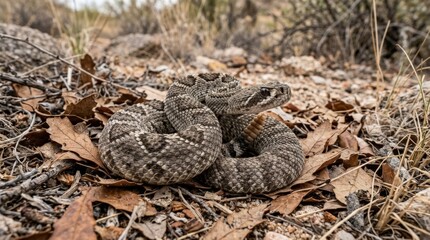 Juvenile rattlesnake coiled on dry leaves in wild habitat, detailed wildlife close-up with natural camouflage, desert textures and alert posture, sharp reptile detail and earthy outdoor atmosphere,