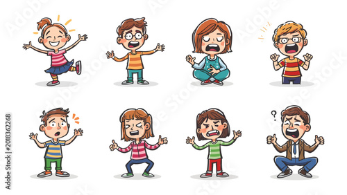 Canvas Print Children Expressing Emotions: A collection of eight cartoon children displaying a wide range of emotions from extreme joy to utter dismay and confusion, capturing the spectrum of childhood feelings