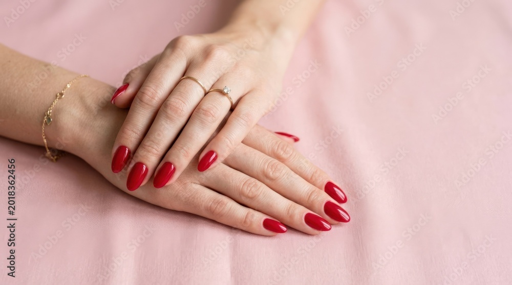 Fototapeta premium Woman hands with red manicure on pink background, beauty salon concept, nail care, romantic color, elegant polished fingers, feminine fashion detail, soft natural light, clean background, realistic