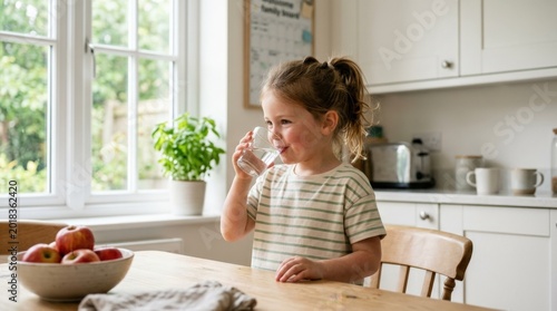 Little girl drinks water at home, healthy childhood routine with hydration, bright domestic lifestyle and clean family wellness atmosphere in a cozy interior, soft natural light, realistic detail,