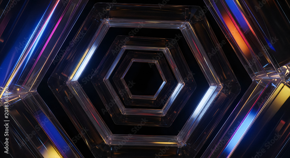 Fototapeta premium Abstract geometric tunnel with glowing neon light effects and dark glass frames creating deep perspective infinite depth.