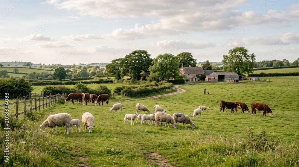 Fototapeta premium Countryside area with animals, rural pasture landscape, farm life with grazing livestock and open fields, soft natural light, clean commercial composition, neutral unbranded details, authentic