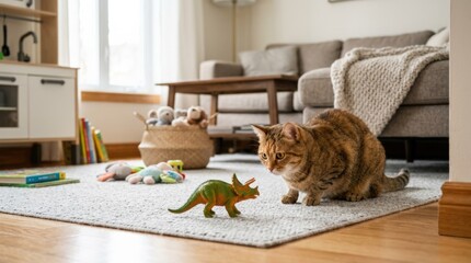 Cat looks at toy dinosaur in a play area, lifestyle scene, family, parenting, home, childhood and relationship concepts, clean styling, soft natural light, crisp detail, realistic stock photo,