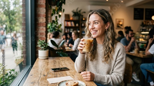 Smiling woman sipping iced coffee in a cafe while looking away, relaxed lifestyle portrait with casual elegance, modern hospitality mood and bright social atmosphere, soft natural light, realistic