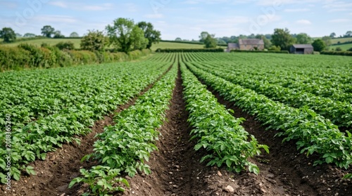 Agricultural field with even rows of young potato plants in summer, growing potatoes, green farm crop landscape, natural composition, minimal rustic styling, soft natural light, shallow depth of