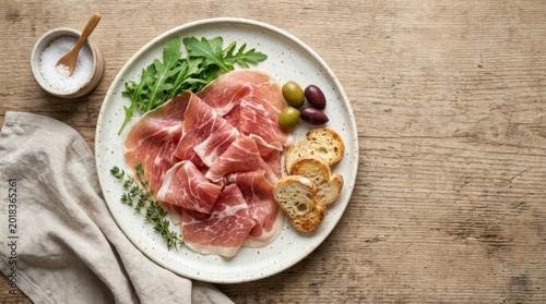 Sliced cured ham, prosciutto Italian delicacy, Parma ham top view, gourmet meat appetizer, charcuterie snack, restaurant menu concept, appetizing food photography, clean unbranded table setting,