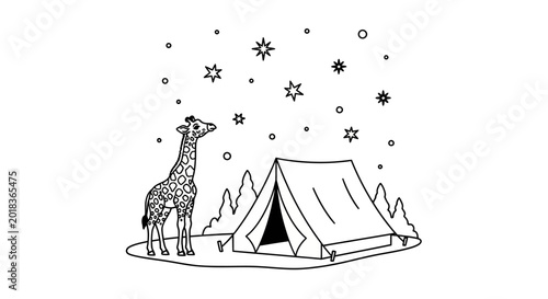 Whimsical line art illustration of a giraffe camping outdoors under a beautiful starry night sky, embracing nature and adventure.