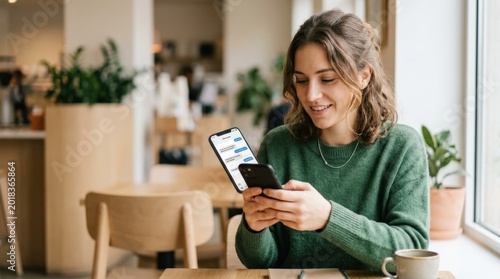 Woman with smartphone, mobile lifestyle, communication, messaging app use, modern technology, casual everyday portrait polished detailed inviting, natural composition, soft natural light, realistic