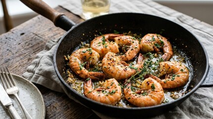 Jumbo tiger prawns fried in garlic butter sauce with herbs in pan, homemade seafood dish, natural light, clean commercial food styling, neutral unbranded tableware, appetizing realistic texture,