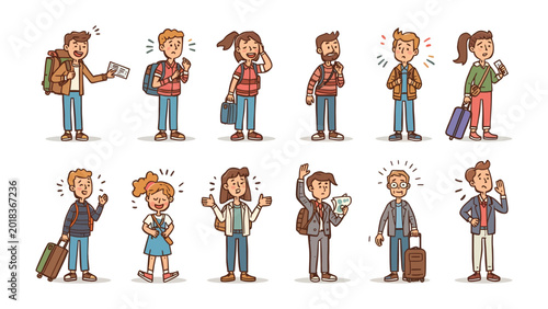 Schilderij op canvas Traveler's Moods: A collection of diverse cartoon characters depicts various emotional states of travelers, from excitement to frustration, all with their luggage