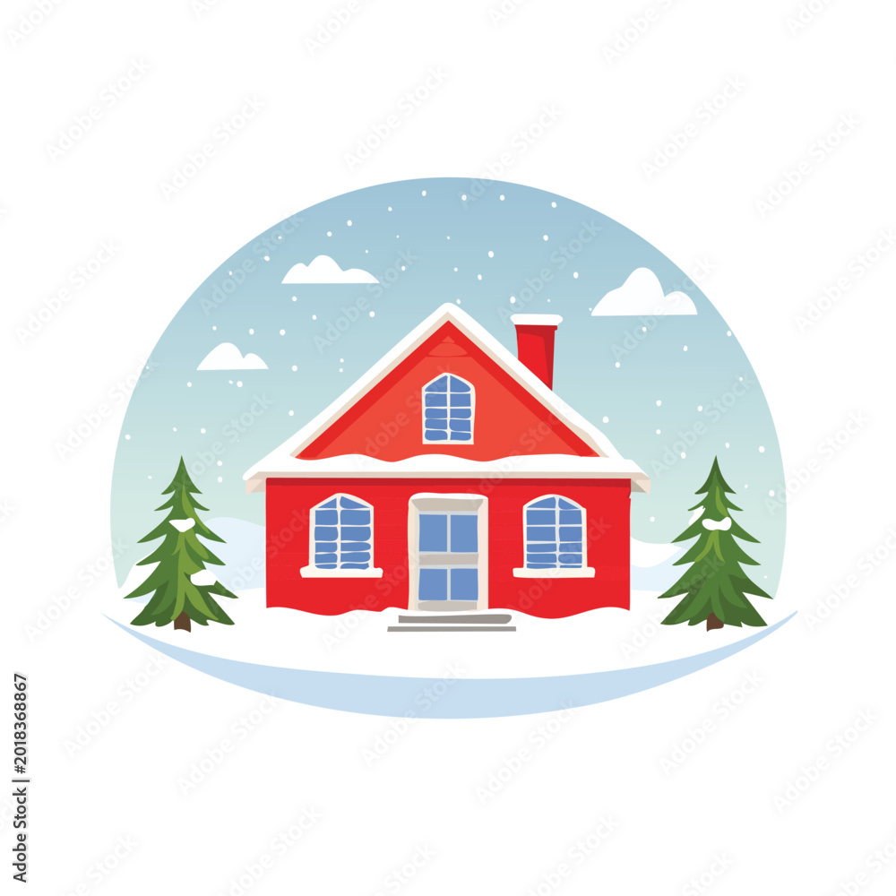 Naklejka premium Red house illustration with snow and trees against winter sky backdrop