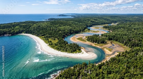 Carters Beach aerial with winding tidal river and surrounding forest, Nova Scotia travel, coastal wilderness, sandbars, blue water and scenic shoreline, natural light, realistic detail, clean