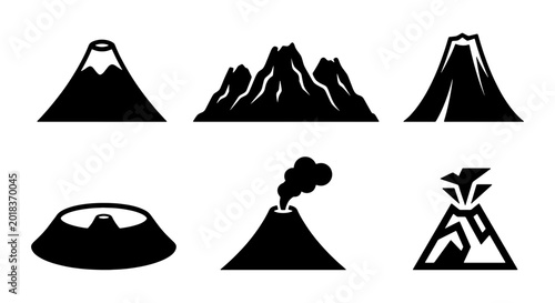 Bild auf Leinwand Volcano Icons Set, Mountain Silhouettes, Geological Formations, Earth Science Ve