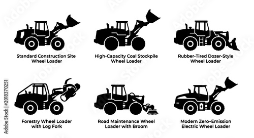 Quadro su tela Six Diverse Wheel Loader Vector Icons: Construction, Mining, Forestry, Road Main