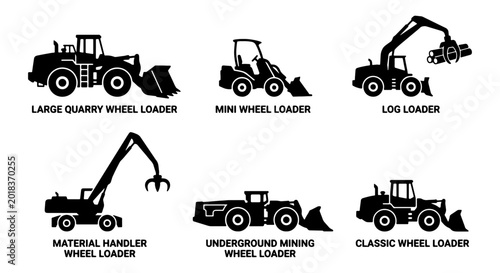 Valokuva Construction Equipment Icons Set: Wheel Loaders, Log Loaders, Material Handlers,