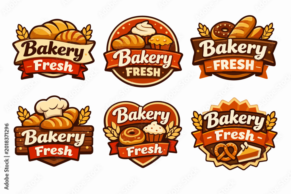 Naklejka premium Collection of bakery fresh logos, badges, and emblems featuring various sweet and savory baked goods and wheat