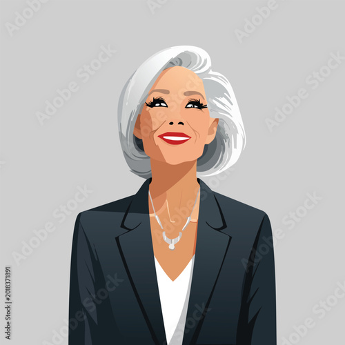 Stylish senior woman in suit smiling upward vector illustration